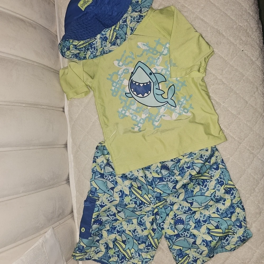 Kids Shark Print Rashguard Set - Neon Green and Blue